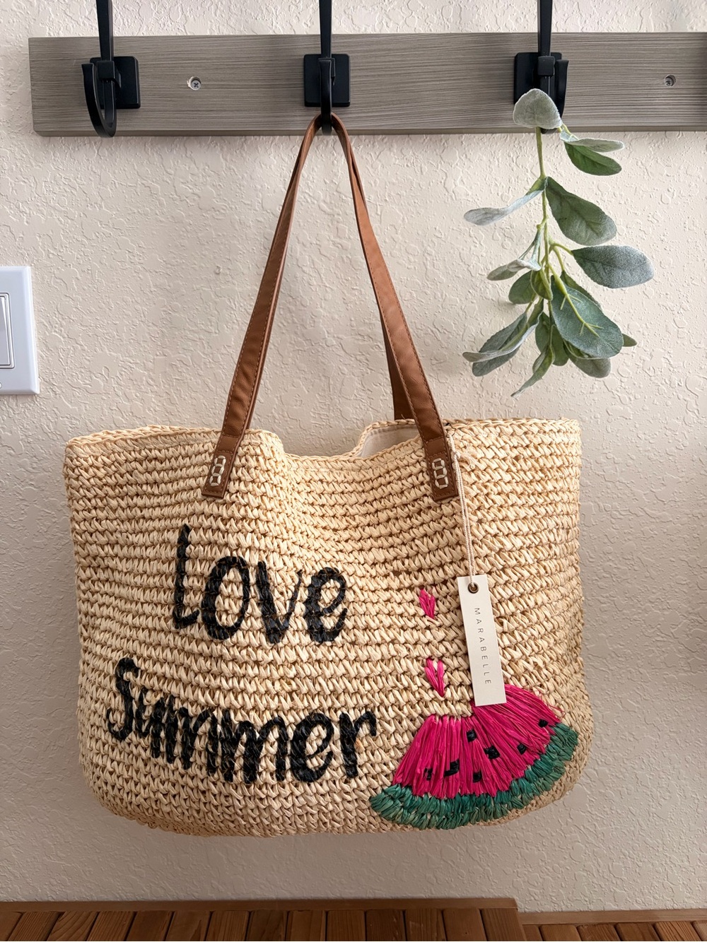 Marabelle Love Summer Straw Beach Tote, Watermelon Raffia Bag NWT